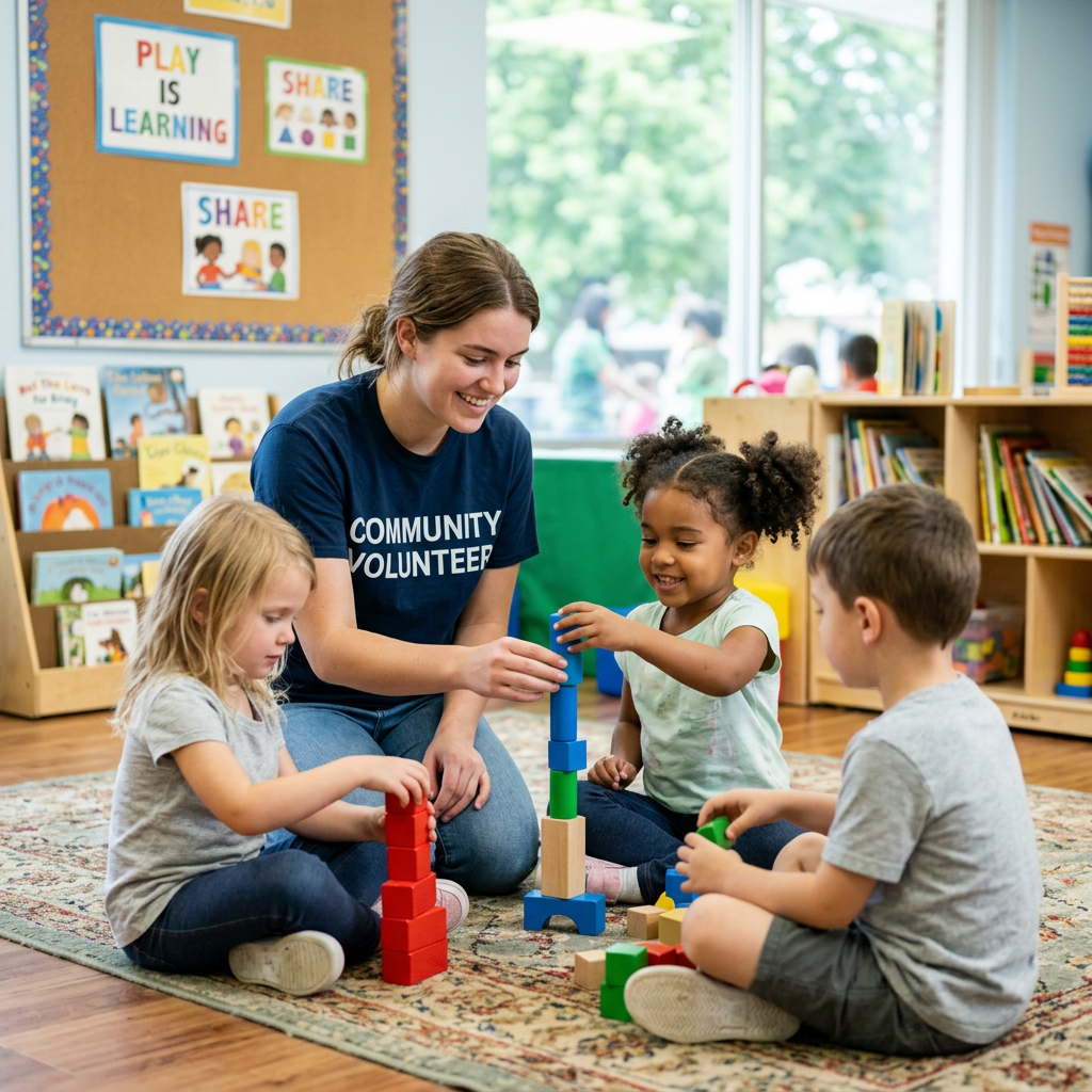 Community volunteer helping three children build colorful block towers